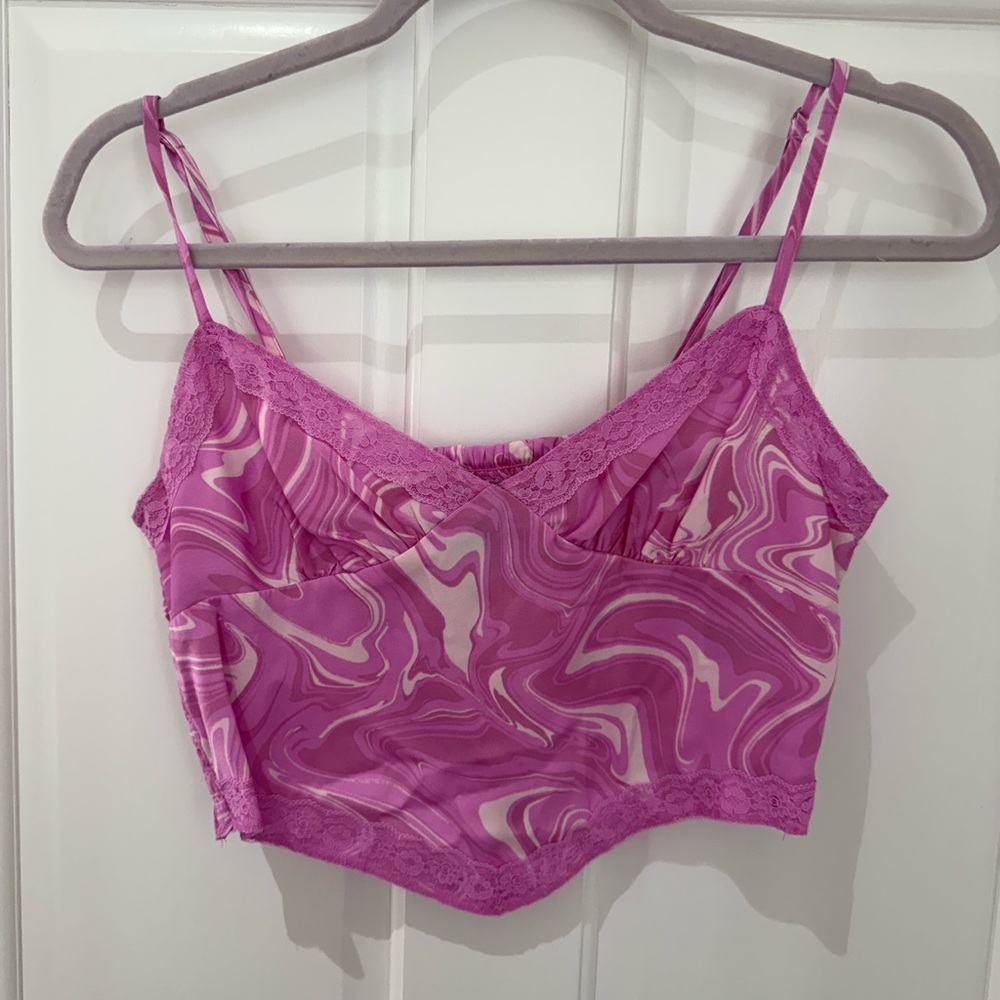 Pink Marble Lace Trim Cropped Tank Top